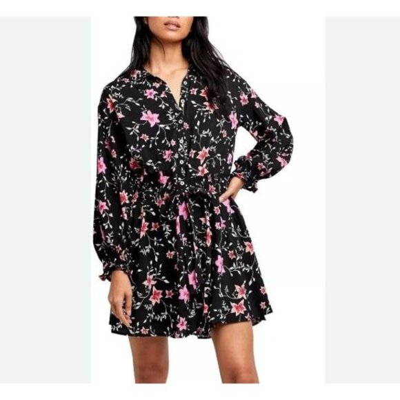 Free People Lighten Up Mini Small Floral Black Pink Shirt Dress Flounce Boho - Picture 1 of 10